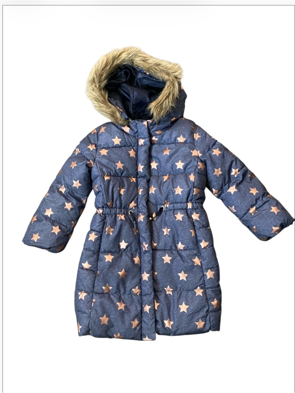 GAP Navy Puffer Jacket Coat with Metallic Rose Stars and Hood